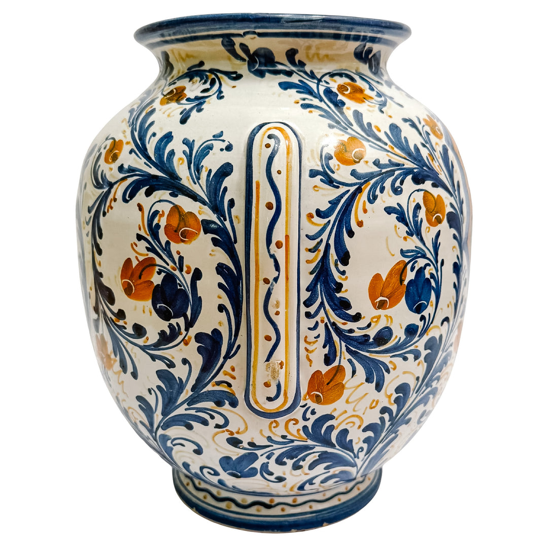 Vintage Italian Majolica Ceramic Vase With Heraldic Crest & Floral Scrollwork
