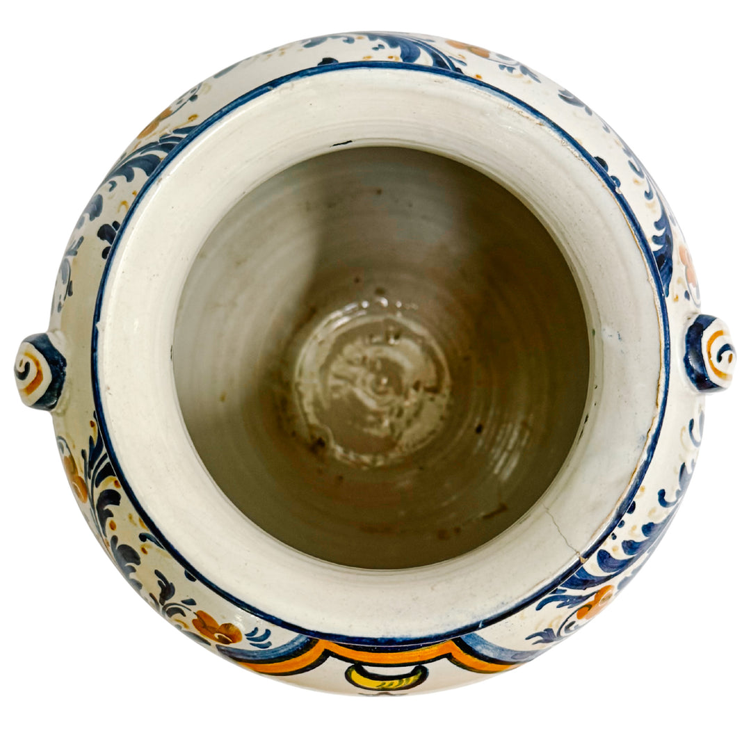 Vintage Italian Majolica Ceramic Vase With Heraldic Crest & Floral Scrollwork