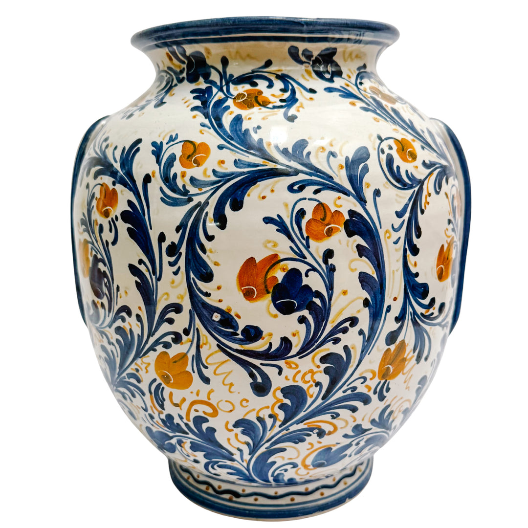 Vintage Italian Majolica Ceramic Vase With Heraldic Crest & Floral Scrollwork