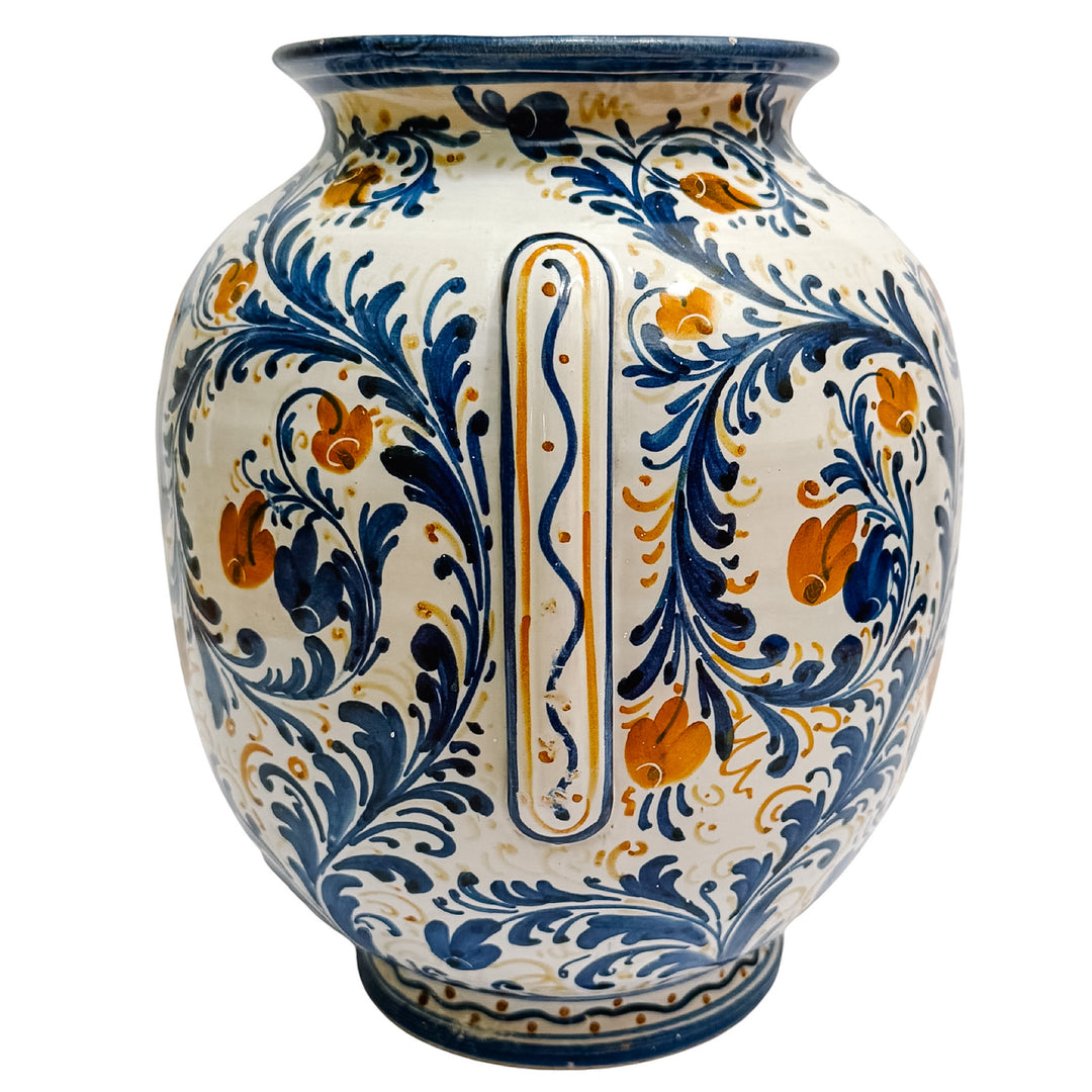 Vintage Italian Majolica Ceramic Vase With Heraldic Crest & Floral Scrollwork