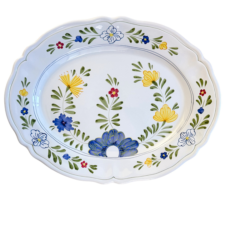 Vintage Italian Majolica Hand-Painted Floral Oval Serving Platter by Il Bargello