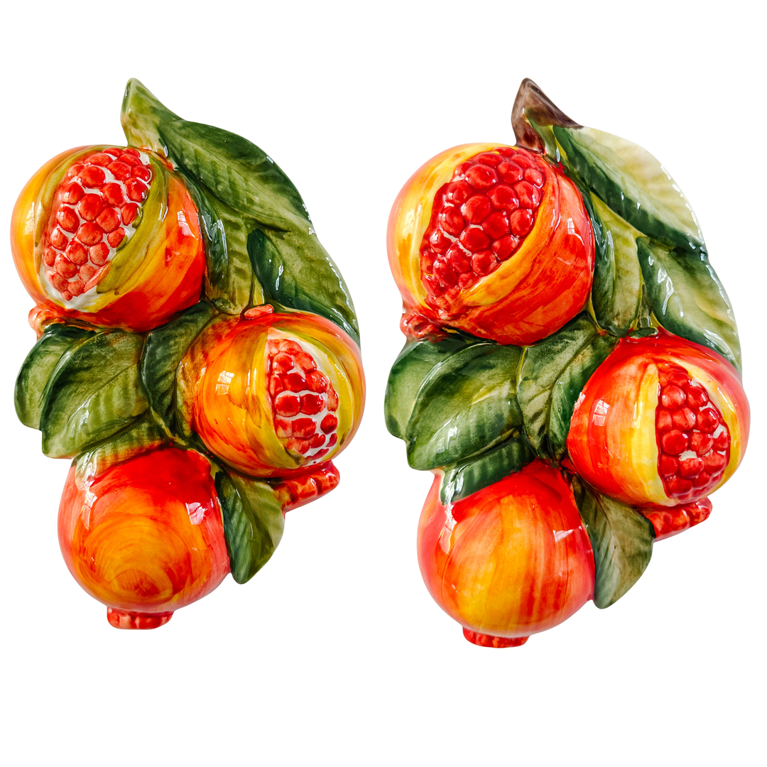 Vintage Italian Majolica Pomegranate Wall Plaques by Bassano Del Grappa Ceramiche