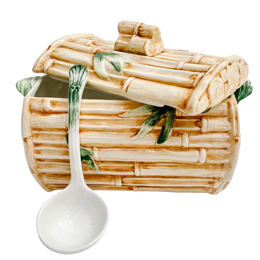 Vintage Italian Porcelain Faux Bamboo Tureen With Lid and Ladle