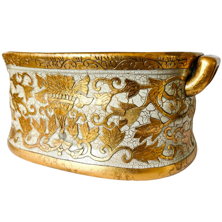 Large Scale Vintage Italian Style Gold Gilt & Ivory Crackle Porcelain Foot Bath Jardiniere Planter