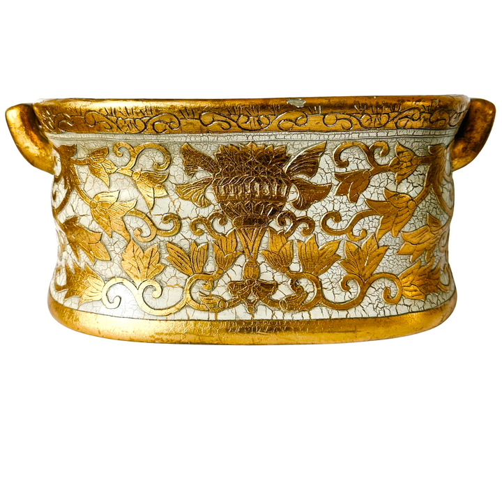 Large Scale Vintage Italian Style Gold Gilt & Ivory Crackle Porcelain Foot Bath Jardiniere Planter