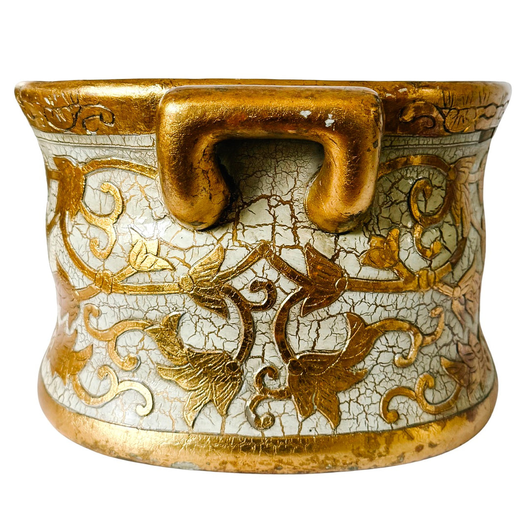 Large Scale Vintage Italian Style Gold Gilt & Ivory Crackle Porcelain Foot Bath Jardiniere Planter
