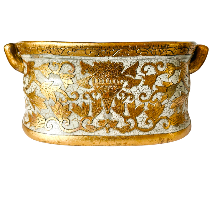 Large Scale Vintage Italian Style Gold Gilt & Ivory Crackle Porcelain Foot Bath Jardiniere Planter
