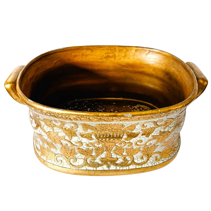 Large Scale Vintage Italian Style Gold Gilt & Ivory Crackle Porcelain Foot Bath Jardiniere Planter