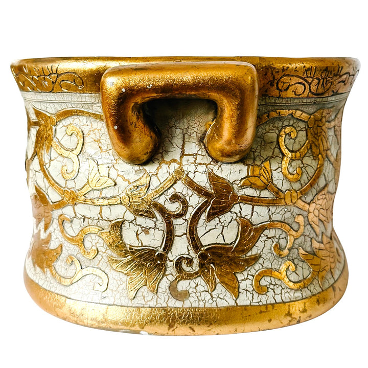 Large Scale Vintage Italian Style Gold Gilt & Ivory Crackle Porcelain Foot Bath Jardiniere Planter