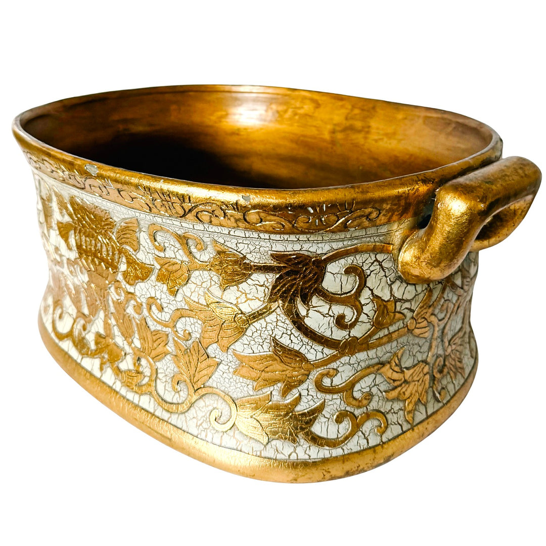 Large Scale Vintage Italian Style Gold Gilt & Ivory Crackle Porcelain Foot Bath Jardiniere Planter