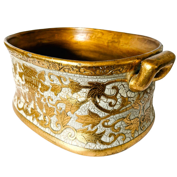 Large Scale Vintage Italian Style Gold Gilt & Ivory Crackle Porcelain Foot Bath Jardiniere Planter