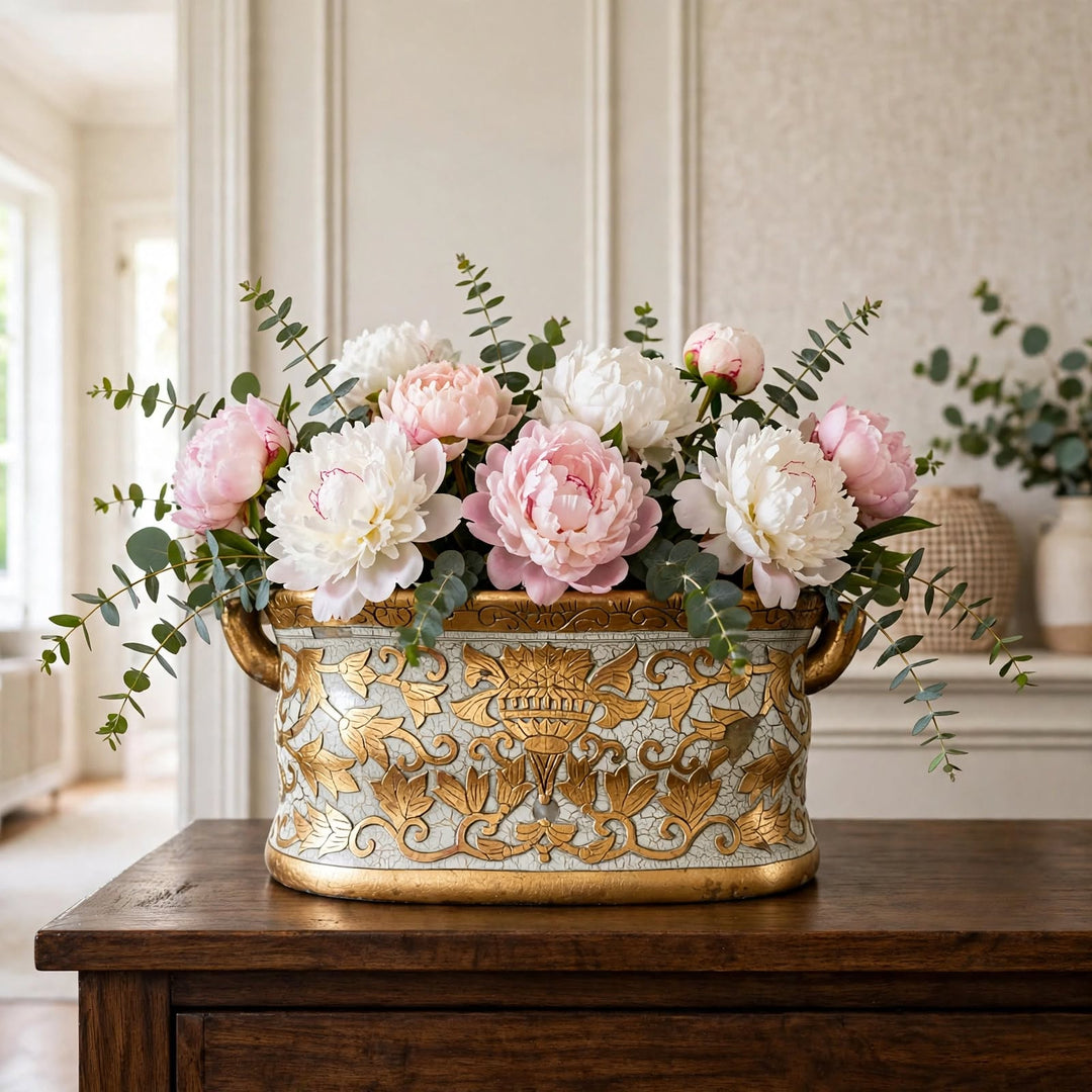 Large Scale Vintage Italian Style Gold Gilt & Ivory Crackle Porcelain Foot Bath Jardiniere Planter