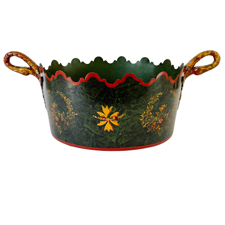 Vintage Italian Tole Hand Painted Faux Malachite Green Oval Jardiniere