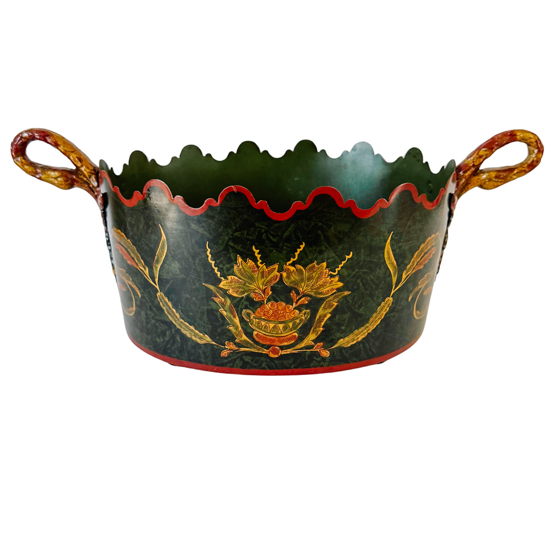 Vintage Italian Tole Hand Painted Faux Malachite Green Oval Jardiniere