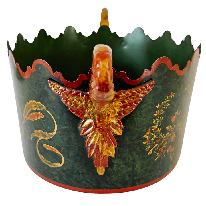 Vintage Italian Tole Hand Painted Faux Malachite Green Oval Jardiniere