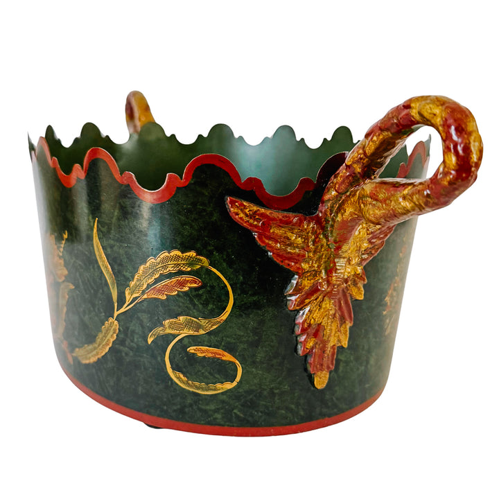 Vintage Italian Tole Hand Painted Faux Malachite Green Oval Jardiniere
