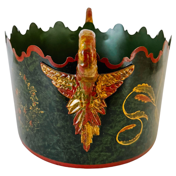 Vintage Italian Tole Hand Painted Faux Malachite Green Oval Jardiniere