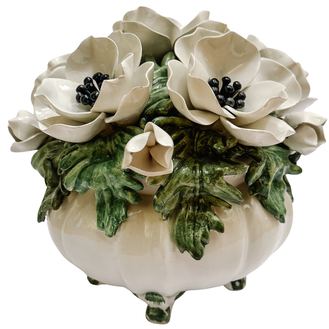 Vintage Italian White Anemone & Poppy Ceramic Floral Topiary Centerpiece