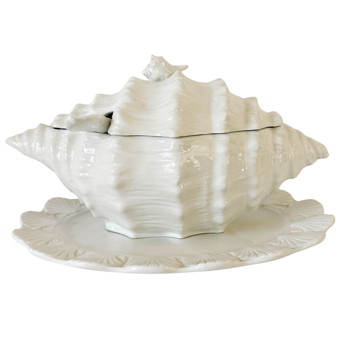 Vintage Italian White Porcelain Conch Shell Tureen Set With Underplate & Ladle