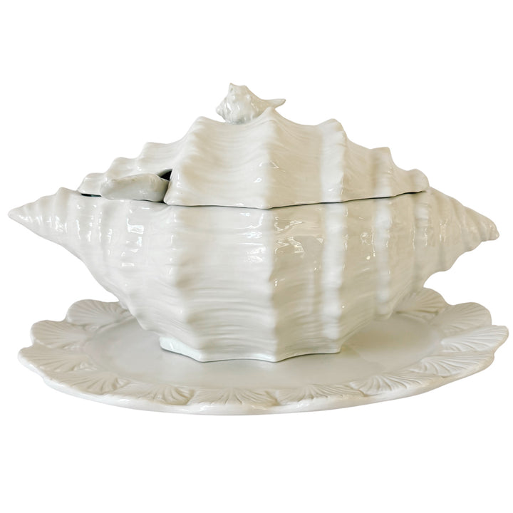 Vintage Italian White Porcelain Conch Shell Tureen Set With Underplate & Ladle