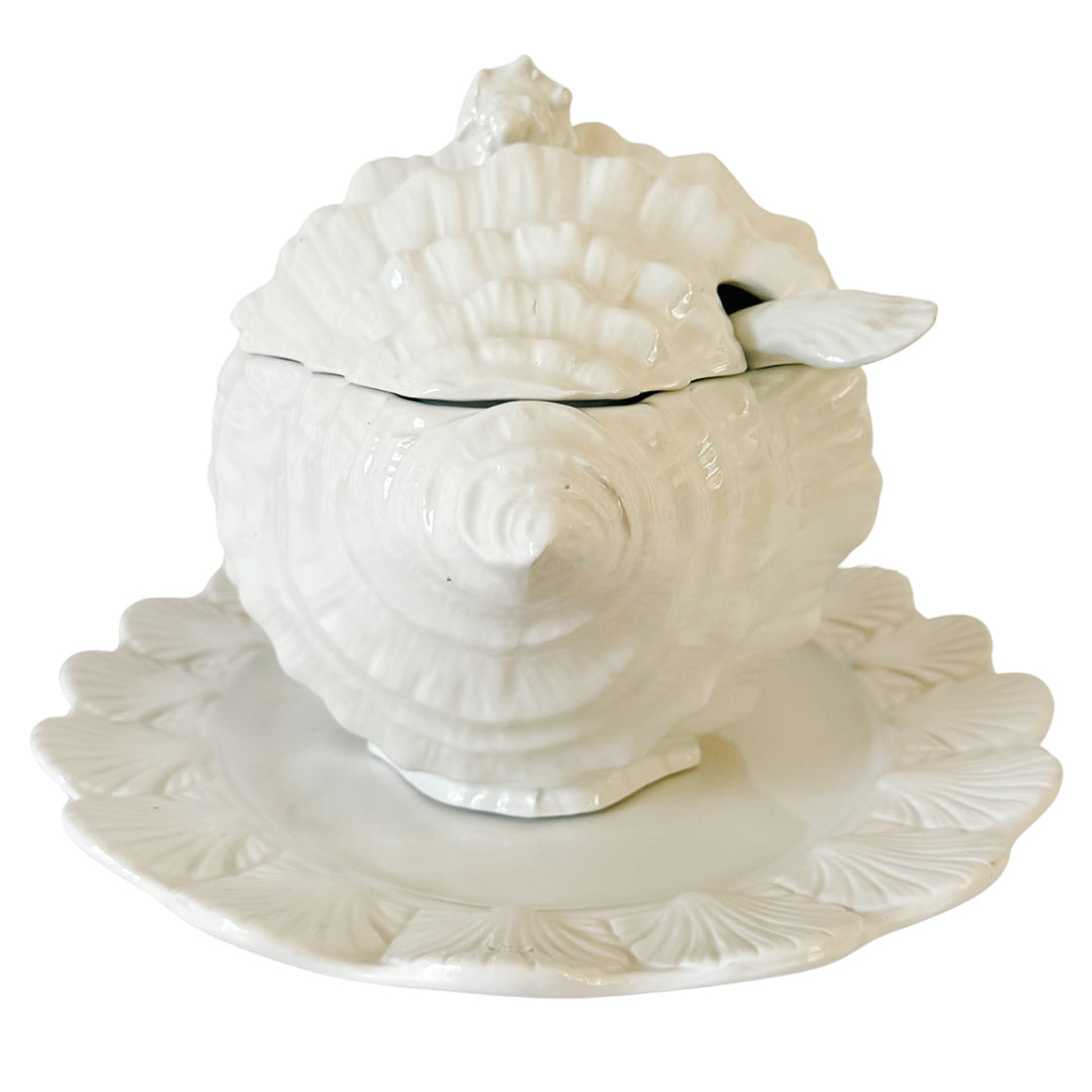 Vintage Italian White Porcelain Conch Shell Tureen Set With Underplate & Ladle