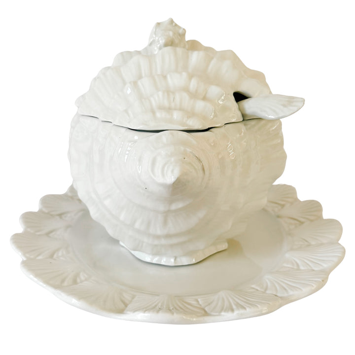 Vintage Italian White Porcelain Conch Shell Tureen Set With Underplate & Ladle