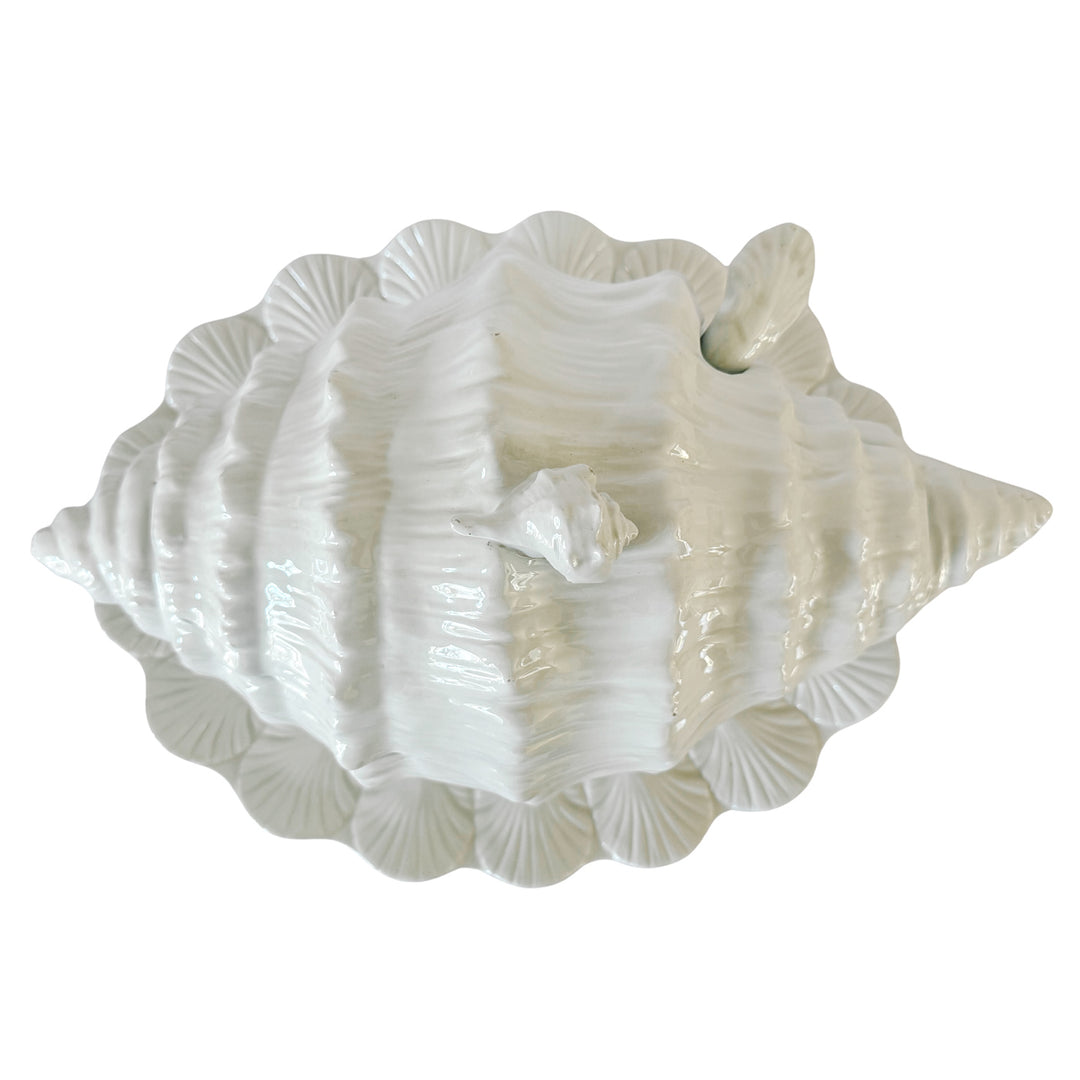 Vintage Italian White Porcelain Conch Shell Tureen Set With Underplate & Ladle
