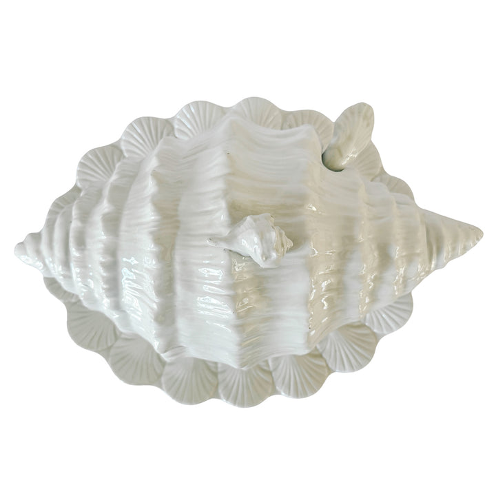 Vintage Italian White Porcelain Conch Shell Tureen Set With Underplate & Ladle