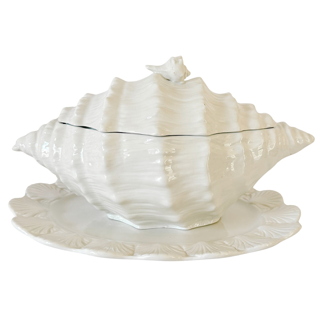 Vintage Italian White Porcelain Conch Shell Tureen Set With Underplate & Ladle