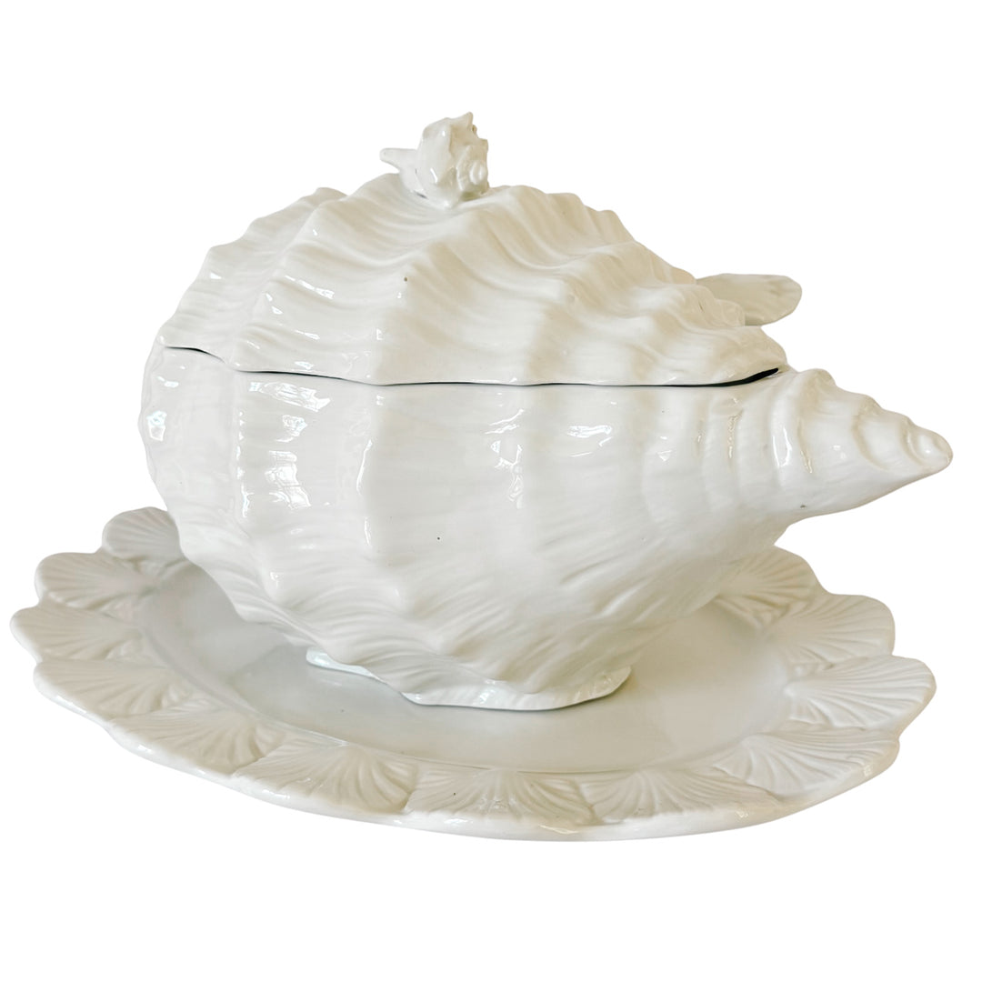 Vintage Italian White Porcelain Conch Shell Tureen Set With Underplate & Ladle
