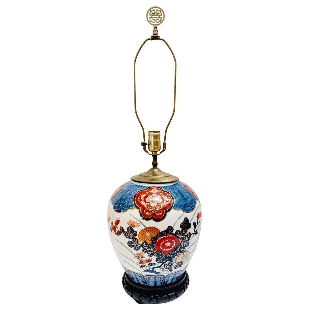 Vintage Japanese Imari Style Hand-Painted Porcelain Ginger Jar Lamp With Longevity Finial