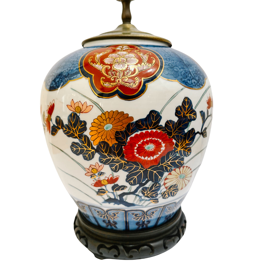 Vintage Chinoiserie Hand-Painted Porcelain Ginger Jar Lamp With Longevity Finial