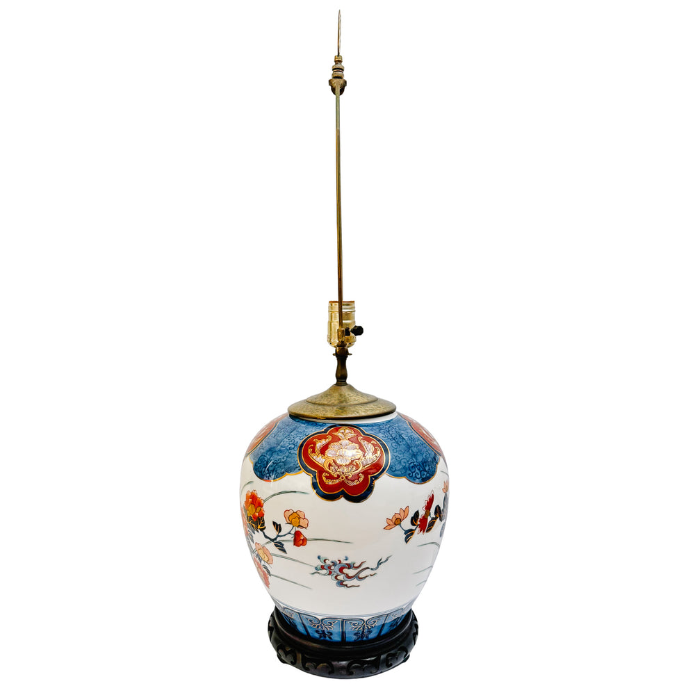 Vintage Chinoiserie Hand-Painted Porcelain Ginger Jar Lamp With Longevity Finial