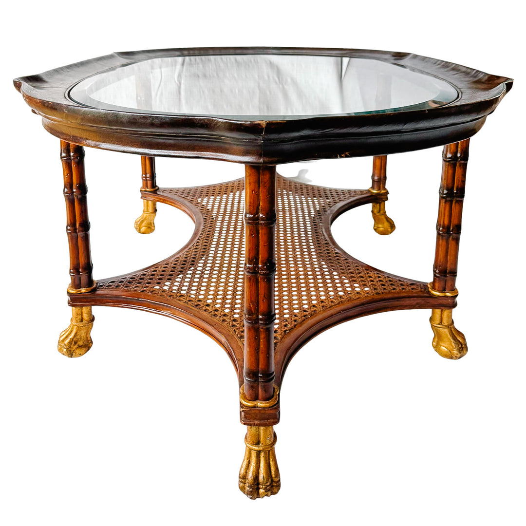 Large English Regency Style Faux-Bamboo Coffee Table With Caned Tier & Gilt Lion Paw Feet by Maitland-Smith