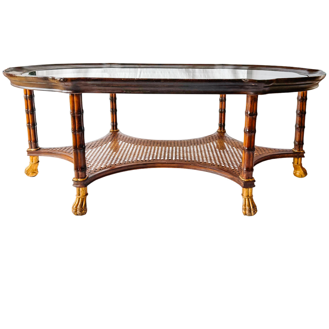 Large English Regency Style Faux-Bamboo Coffee Table With Caned Tier & Gilt Lion Paw Feet