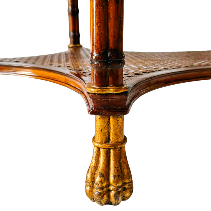 Large English Regency Style Faux-Bamboo Coffee Table With Caned Tier & Gilt Lion Paw Feet