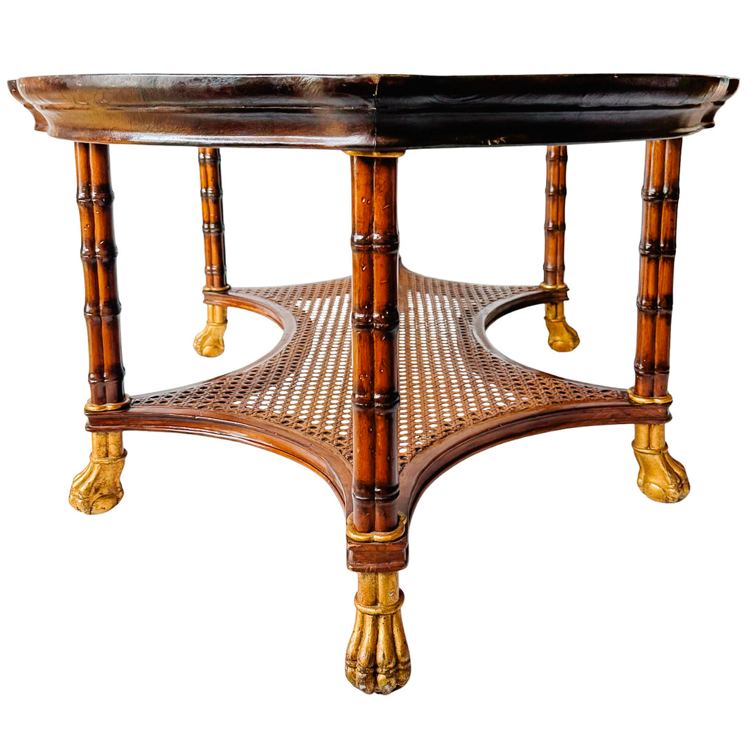 Large English Regency Style Faux-Bamboo Coffee Table With Caned Tier & Gilt Lion Paw Feet by Maitland-Smith