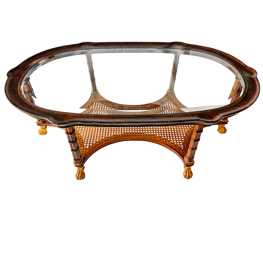 Large English Regency Style Faux-Bamboo Coffee Table With Caned Tier & Gilt Lion Paw Feet