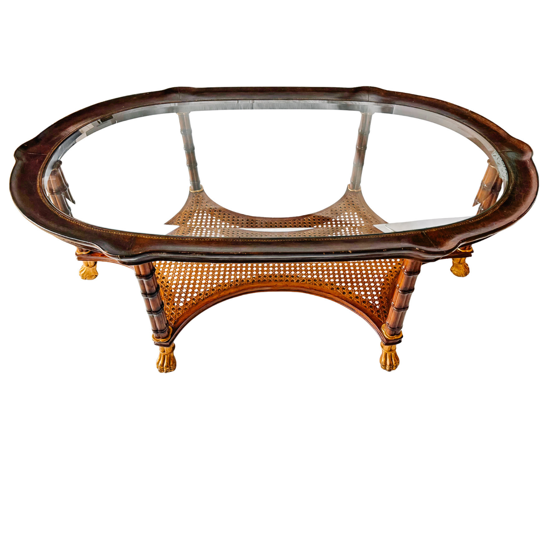 Large English Regency Style Faux-Bamboo Coffee Table With Caned Tier & Gilt Lion Paw Feet