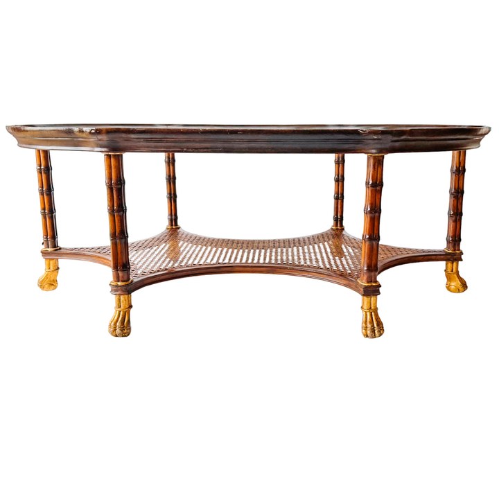Large English Regency Style Faux-Bamboo Coffee Table With Caned Tier & Gilt Lion Paw Feet