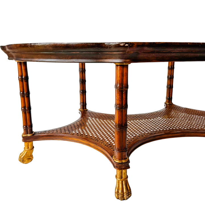 Large English Regency Style Faux-Bamboo Coffee Table With Caned Tier & Gilt Lion Paw Feet by Maitland-Smith
