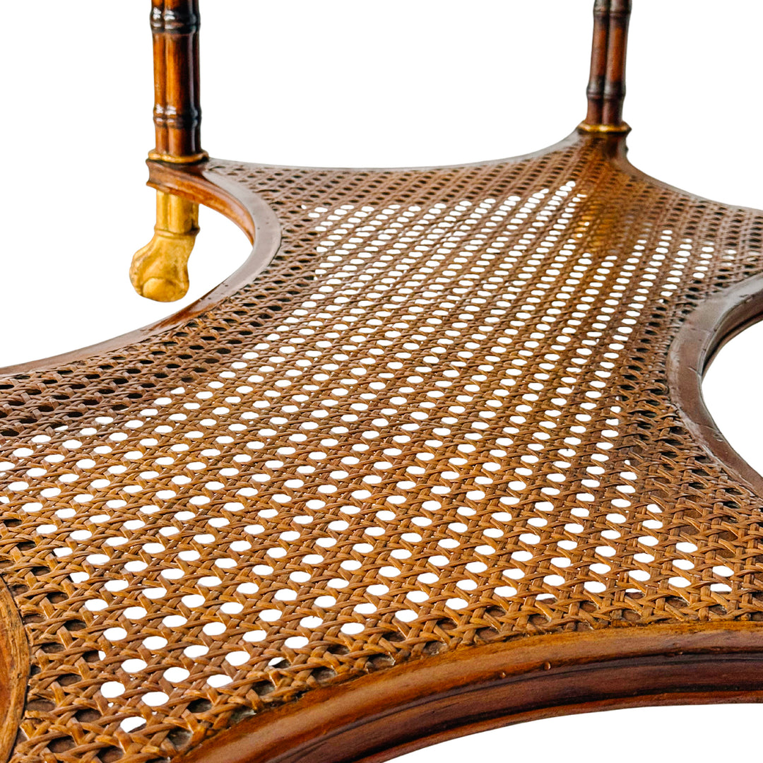 Large English Regency Style Faux-Bamboo Coffee Table With Caned Tier & Gilt Lion Paw Feet by Maitland-Smith
