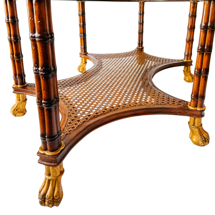 Large English Regency Style Faux-Bamboo Coffee Table With Caned Tier & Gilt Lion Paw Feet by Maitland-Smith