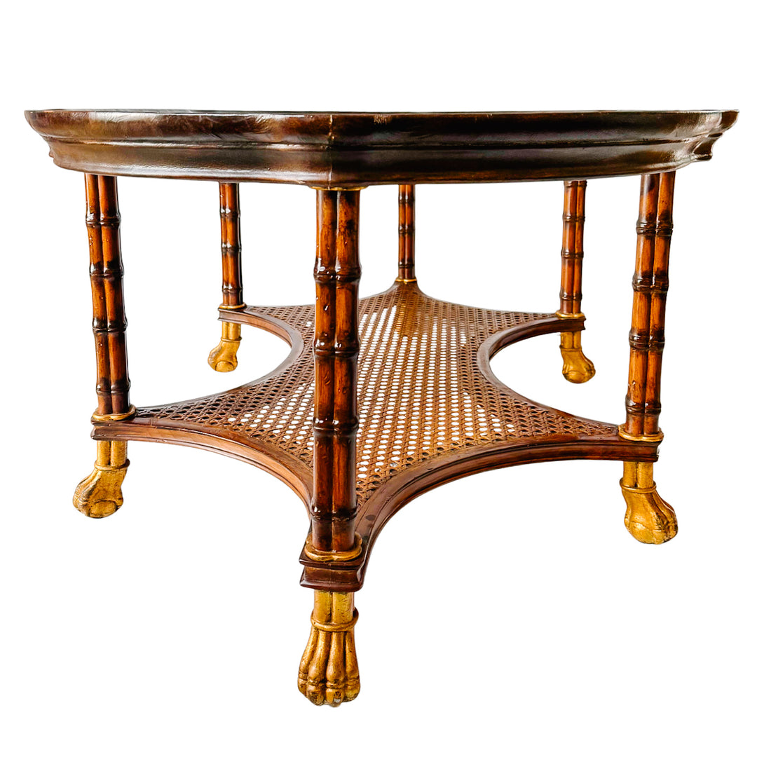 Large English Regency Style Faux-Bamboo Coffee Table With Caned Tier & Gilt Lion Paw Feet by Maitland-Smith