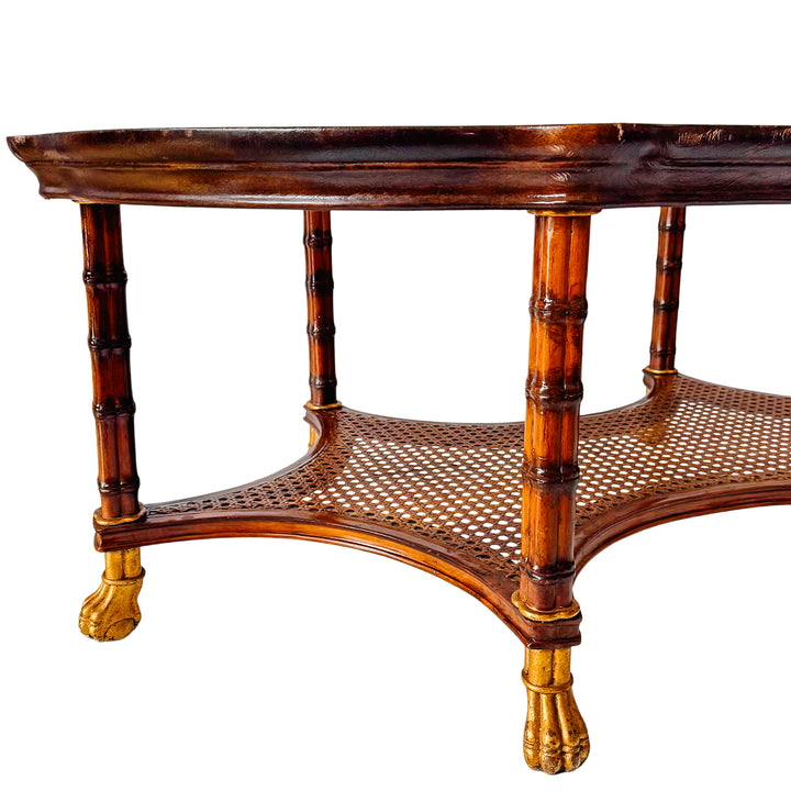 Large English Regency Style Faux-Bamboo Coffee Table With Caned Tier & Gilt Lion Paw Feet by Maitland-Smith