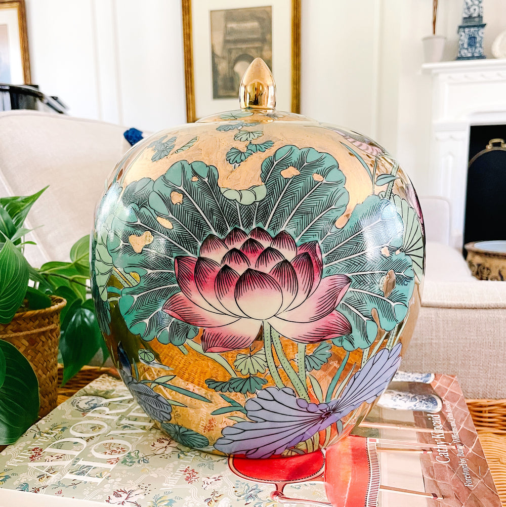 Vintage Large Gold Mirrored Lotus Jar