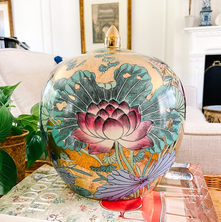 Vintage Large Gold Mirrored Lotus Jar