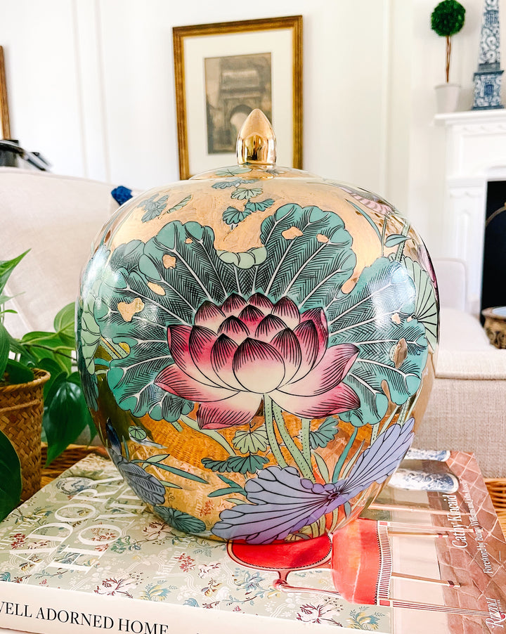Vintage Large Gold Mirrored Lotus Jar