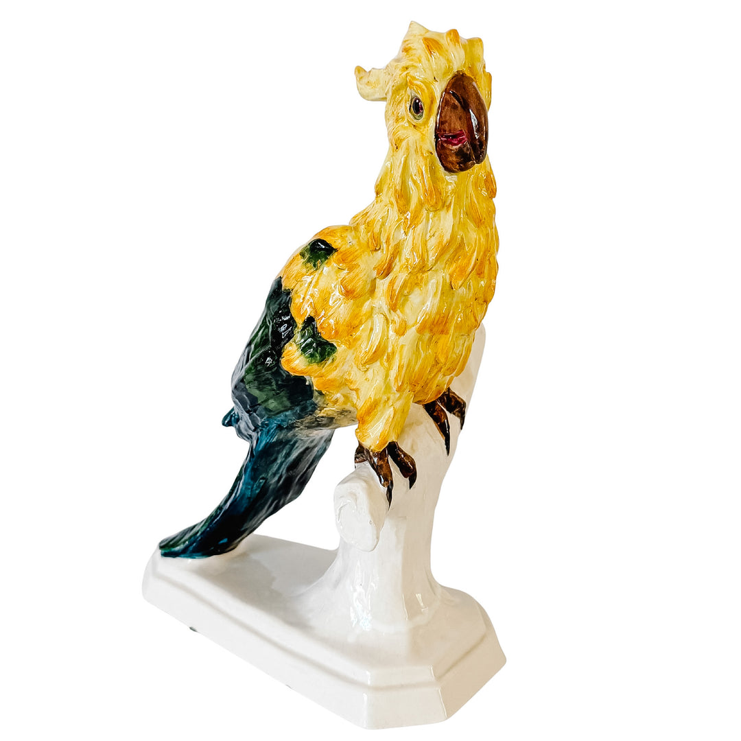 Vintage Large Italian Majolica Ceramic Cockatoo Parrot Sculpture