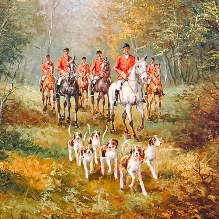 Vintage Large Scale English School Equestrian Fox Hunt Oil Painting in Giltwood Frame, Signed